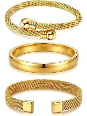 Elegant 3-Piece Waterproof Gold Bracelet Set for Women - Adjustable Cuff Design